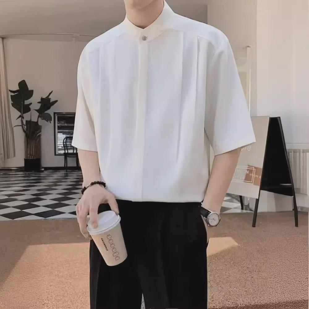 Мужская рубашка Slim Fit Ice Silk с коротким рукавом, новый китайский и корейский стиль — не требует глажки, легкий дизайн для взрослых