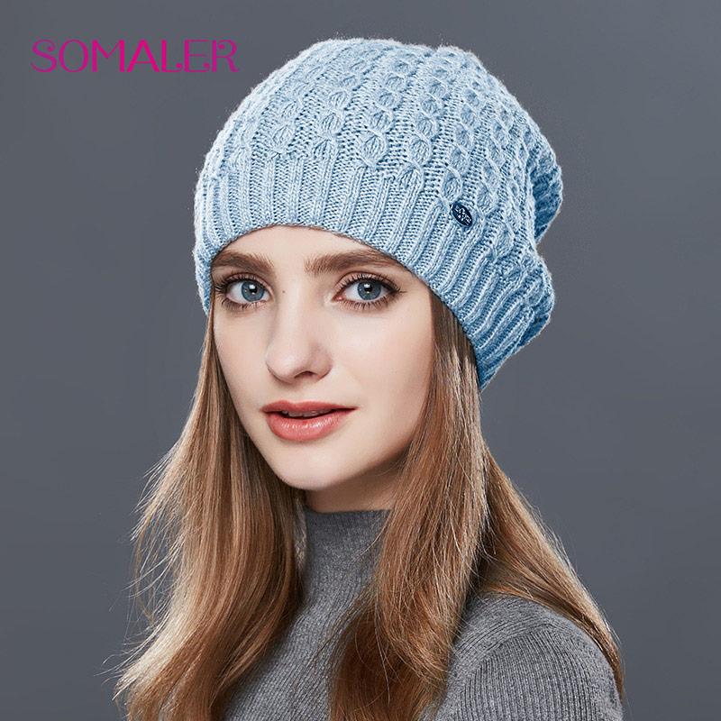 Winter Double Layer Knit Hats for Women Twist Pattern Blue Slouchy Beanie Spring Cold Winter Ski Hats