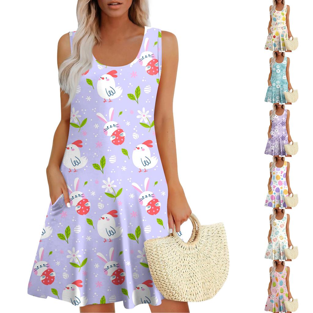 Womens Summer Dresses Easter Print Loose U Neck Sleeveless Sundresses Dress With Pockets