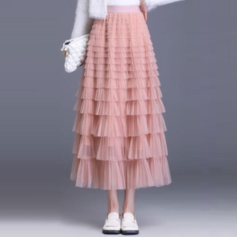 Эластичная талия Сетчатые длинные юбки для женщин Элегантные винтажные с высокой талией Пышная юбка из тюля Юбка-торт Женская одежда