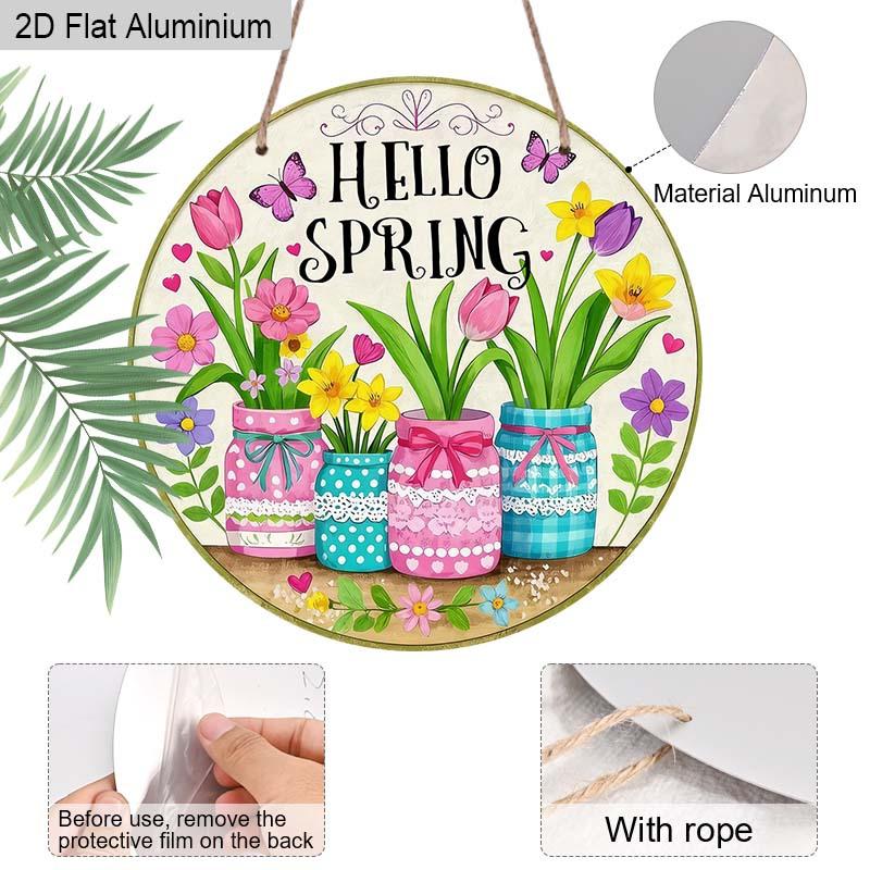 2D Flat Aluminum Hello Spring Door Sign for Front Door, Round Hanging Plaque with Mason Jar & Tulip Flower Design, Rustic Farmhouse Porch Wall Decor