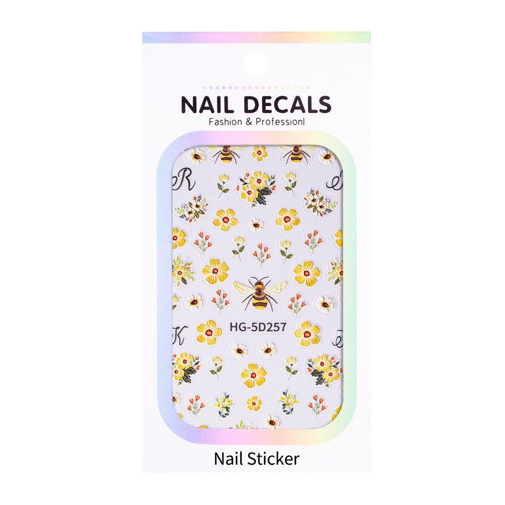 5D Embossed Sunflower Bee Nail Stickers - Three-Dimensional Embroidery Style