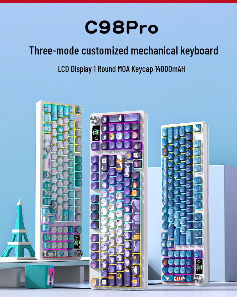 98-клавишная RGB беспроводная Bluetooth механическая клавиатура с тройным режимом - Игровая, для киберспорта и офиса, с настраиваемым экраном