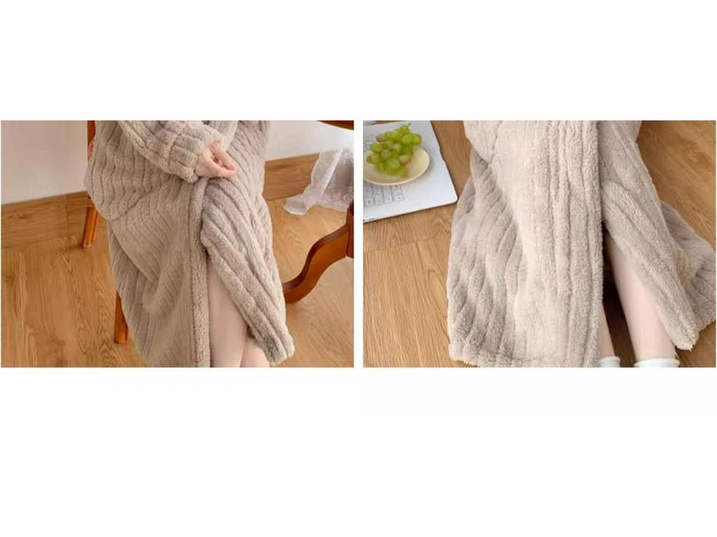 Женский плюшевый пижамный комплект Осень/Зима 2025: Халат в вертикальную полоску и ночная рубашка на подкладке