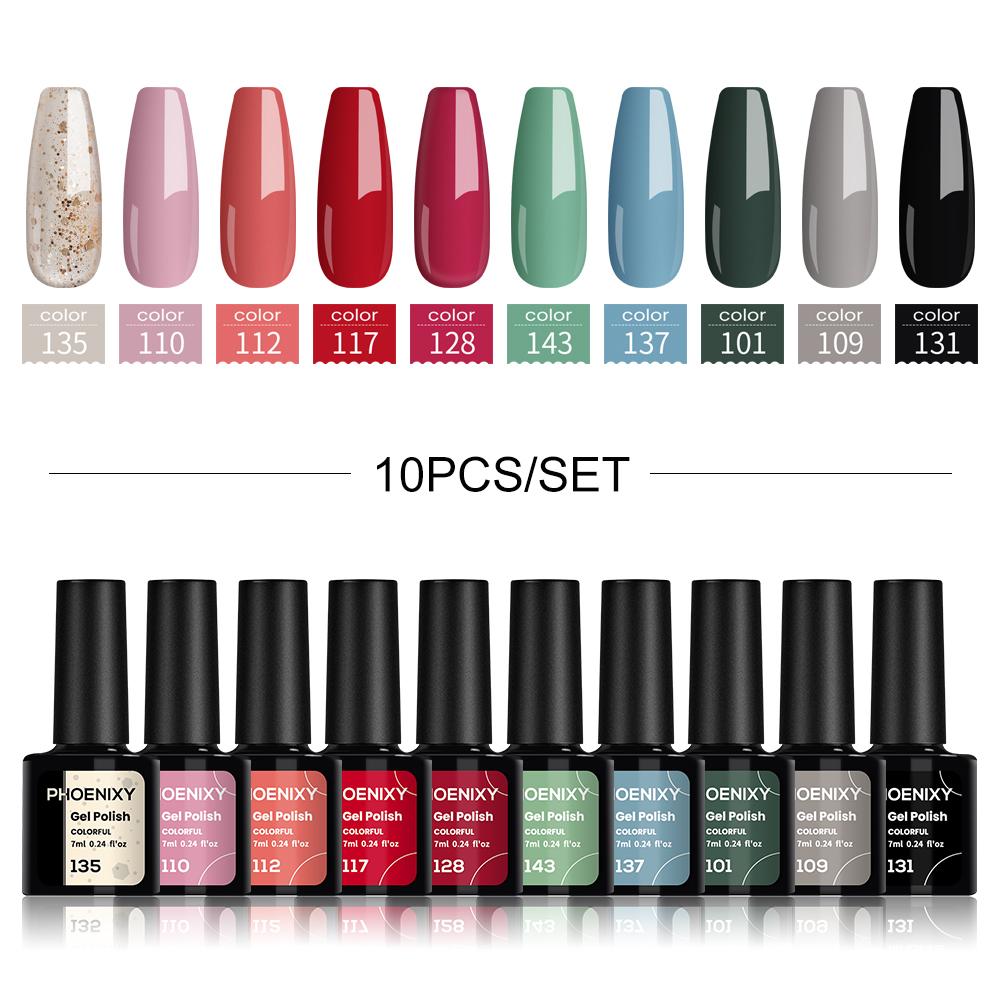 Гель-лак для ногтей PHOENIXY, 10 цветов, замачиваемый УФ-гель для ногтей, стартовый набор для дизайна ногтей, набор блестящих лаков для DIY, дома, гель для маникюра