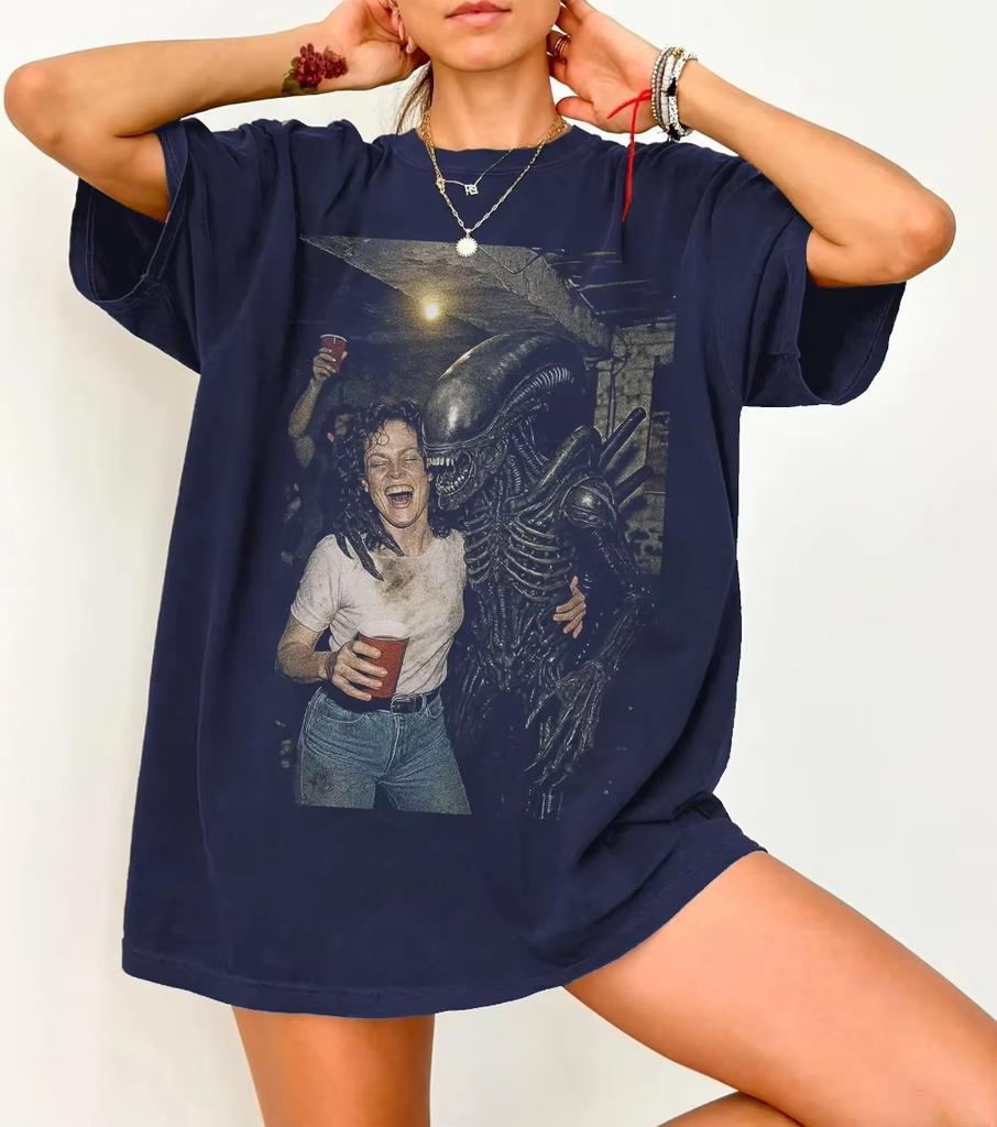 Alien Movie Party Dance Shirt Movie Meme SciFi Graphic Tee Sigourney Weaver with The Xenomorph TShirt