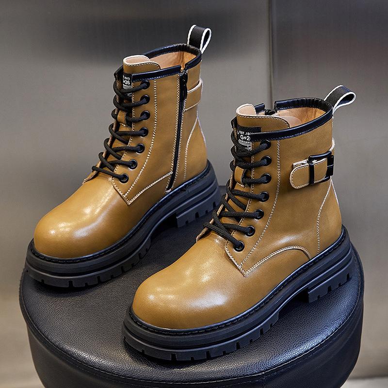 Зима 2025 Новые британские ботинки Мартина Женские Толстый каблук Платформа Повседневные Короткие ботинки Женские Средние кожаные ботинки Женские