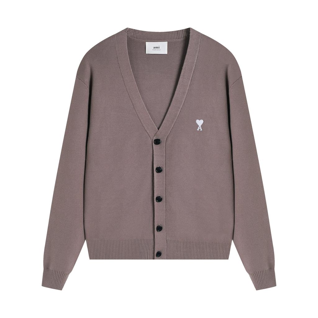 AMI Autumn and Winter New Little White Heart Alpaca Wool Blended Soft and Sticky Knitted Cardigan Round Neck Cloud Sweater Pocket Coat