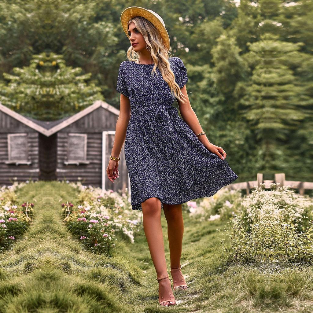 Женские летние плиссированные платья с высокой талией и круглым вырезом с принтом