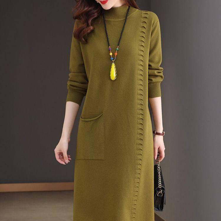 Вязаное платье длиной до колена Женское платье средней длины свободного кроя Большого размера Платье-свитер Однотонный Повседневный Пуловер с полувысоким воротом