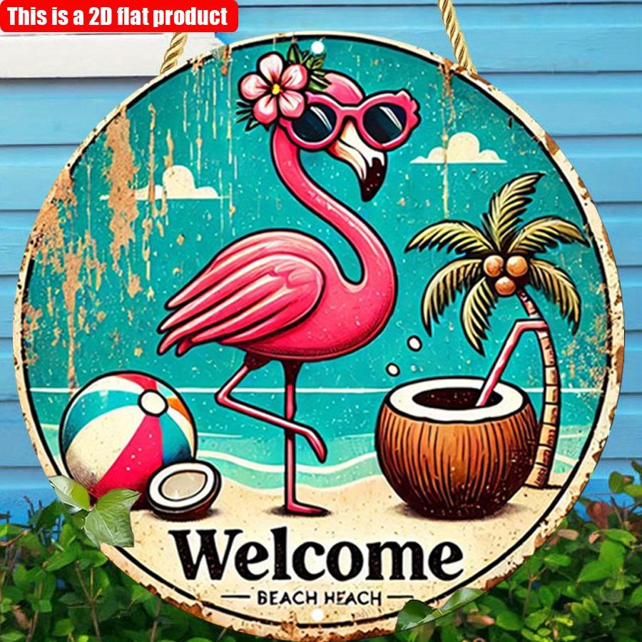 2D плоский 20*20 см 1 шт. Добро пожаловать Красивый розовый фламинго и узор кокоса Круглый деревянный подвесной знак, тропический пляжный стиль Приветственная художественная табличка, подходит