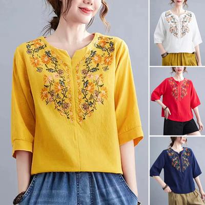Женская повседневная рубашка с v-образным вырезом и половиной рукавов, пуловер, топы с вышивкой и цветочным узором, свободная посадка, удобная блузка