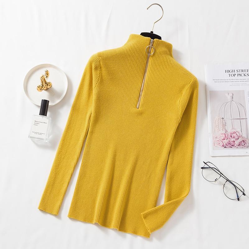 Autumn and Winter Half High Collar Zipper Knitted Sweater Women Fashion Long Sleeve Warm Base Women Sweaters Tops Solid Slim Pullover Knitwears 24966