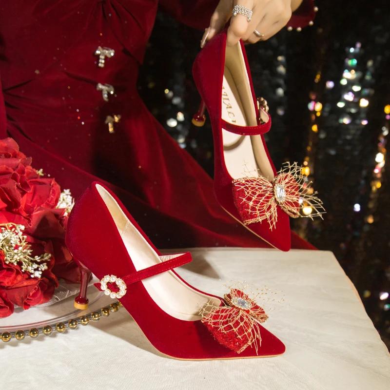 Новое поступление, модные элегантные банкетные туфли-лодочки на шпильке с бантом, свадебные туфли, замшевые пикантные туфли на высоком каблуке с пряжкой и острым носком