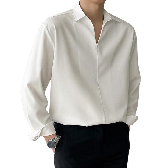 Мужская рубашка весна-осень с V-образным вырезом и лацканами, официальная офисная рубашка, шелковистая свободная прямая рубашка-пуловер, деловой топ для свиданий и вечеринок