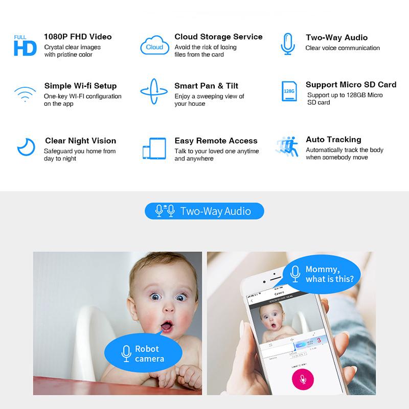 2MP Робот PTZ Wi-Fi IP-камера Внутренние камеры видеонаблюдения с Wi-Fi Умный дом AI Обнаружение человека Беспроводная камера видеонаблюдения