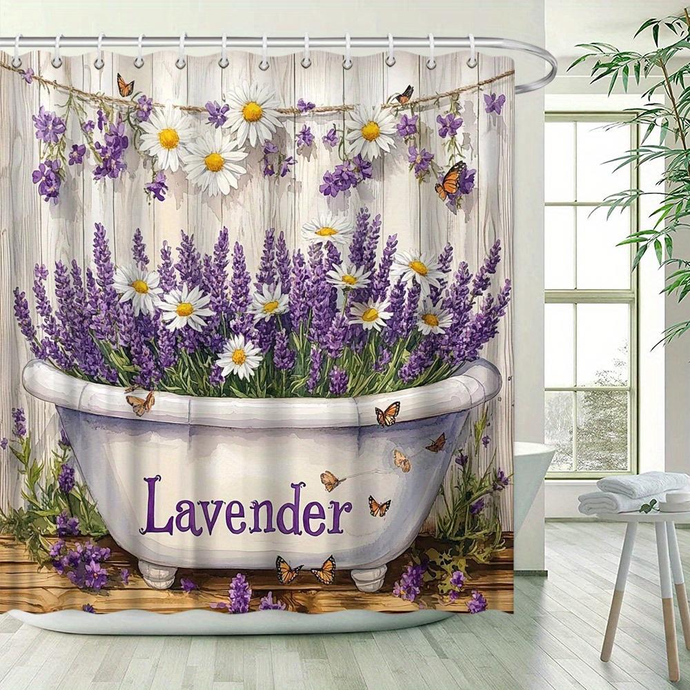 Lavender Garden Shower Curtain - Water-Resistant, Purple Flowers & Butterflies with Rustic Fence, 70x70 Inches | Polyester