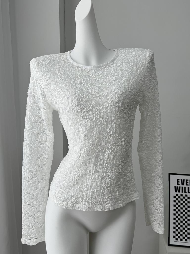 2026 New Lace Hollow Out Top for Women Pearl Button Slit Slim Flare Sleeve Long Sleeve T-Shirt
