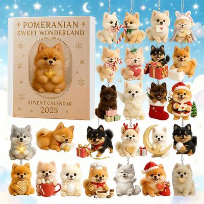 Померанский Сладкая Страна Чудес Адвент-календарь 2025, 24 дня праздничных сюрпризов Собачьи украшения, 2D акриловые милые собачьи игрушки