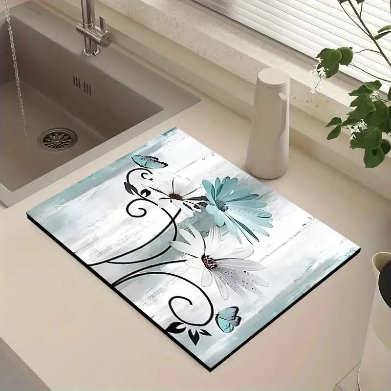 Деревенский Цветочный Кухонный Коврик для Сушки Посуды Супер Впитывающий Быстросохнущий Нескользящая Резиновая Основа Скрывающий Пятна для Кофемашин