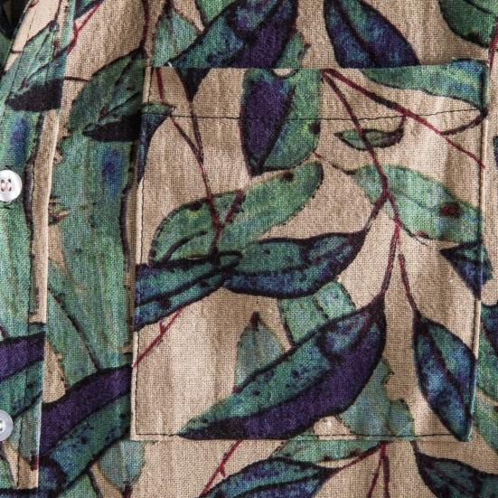 Men Shirt Stand Collar Short Sleeve Contrast Color Striped Single-breasted Loose Soft Mid Length