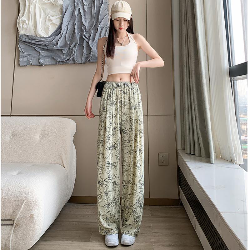 Ice Silk Wide-legged Pant Women's Summer High-waisted Drape Loose Lazy Ink Zen Straight Casual Sun Trousers