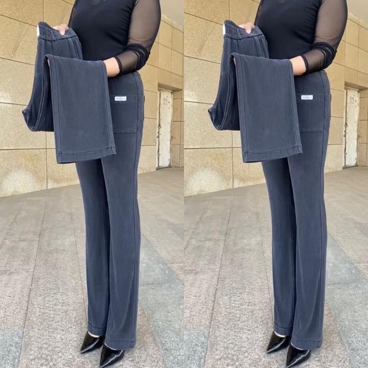 Women's High-Waisted Ice Silk Straight-Leg Pants – Soft, Washed Denim with Elastic Drape for a Loose, Fashionable, Age-Reducing Look