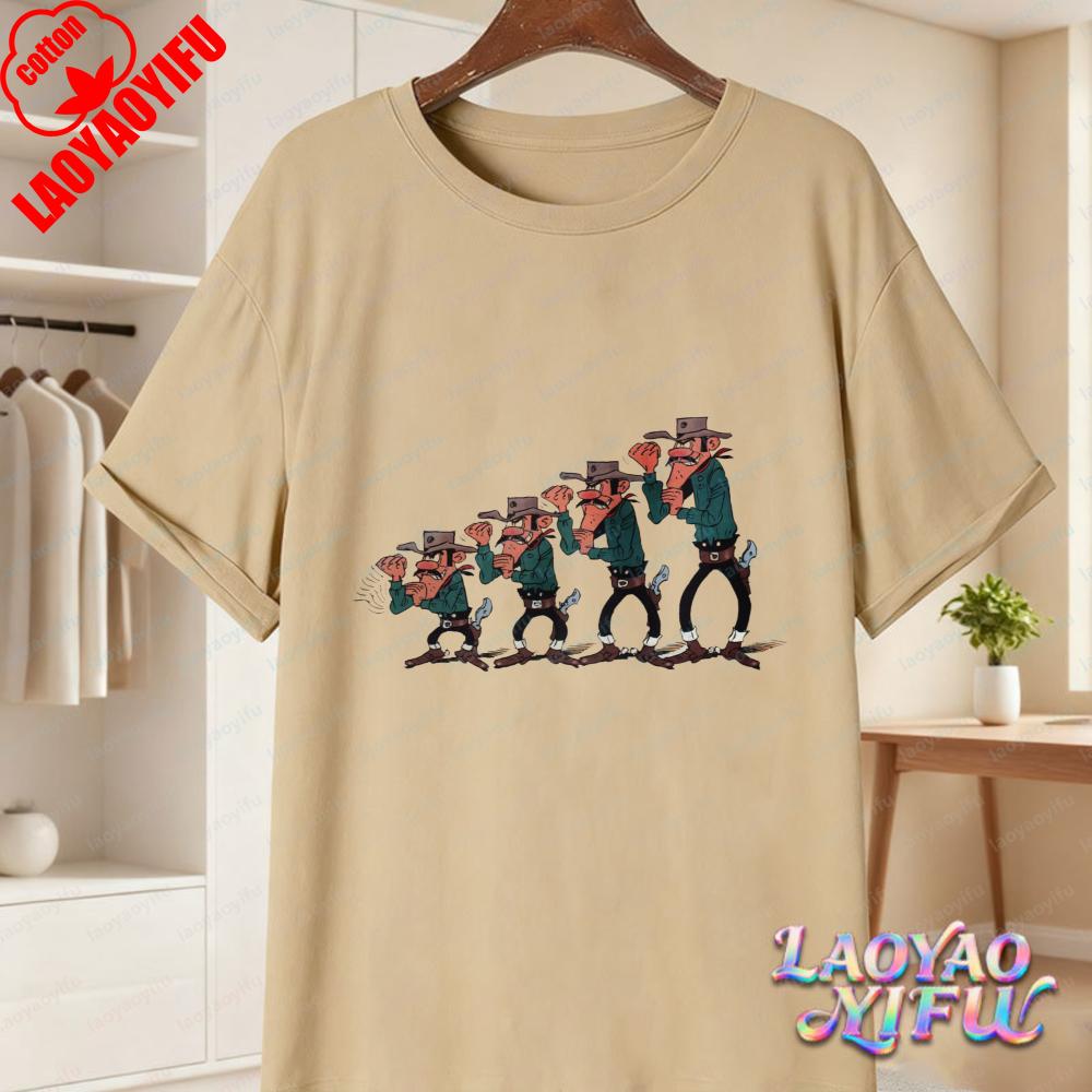 Classic Lucky Luke Cast Print Casual Tops Retro Western Animation Cotton TShirt Summer Casual Wear for Unisex Women Trendy Tee