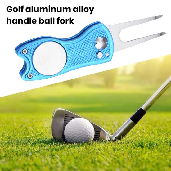 Golf Green Fork with Magnetic Suction Function Compact Size Portable Magnetic Putt Alignment Ball Marker Foldable Golf Divot Repair Tool