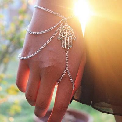 Женский браслет-кольцо на палец с хамсой, асимметричный браслет с цепочкой и кисточками