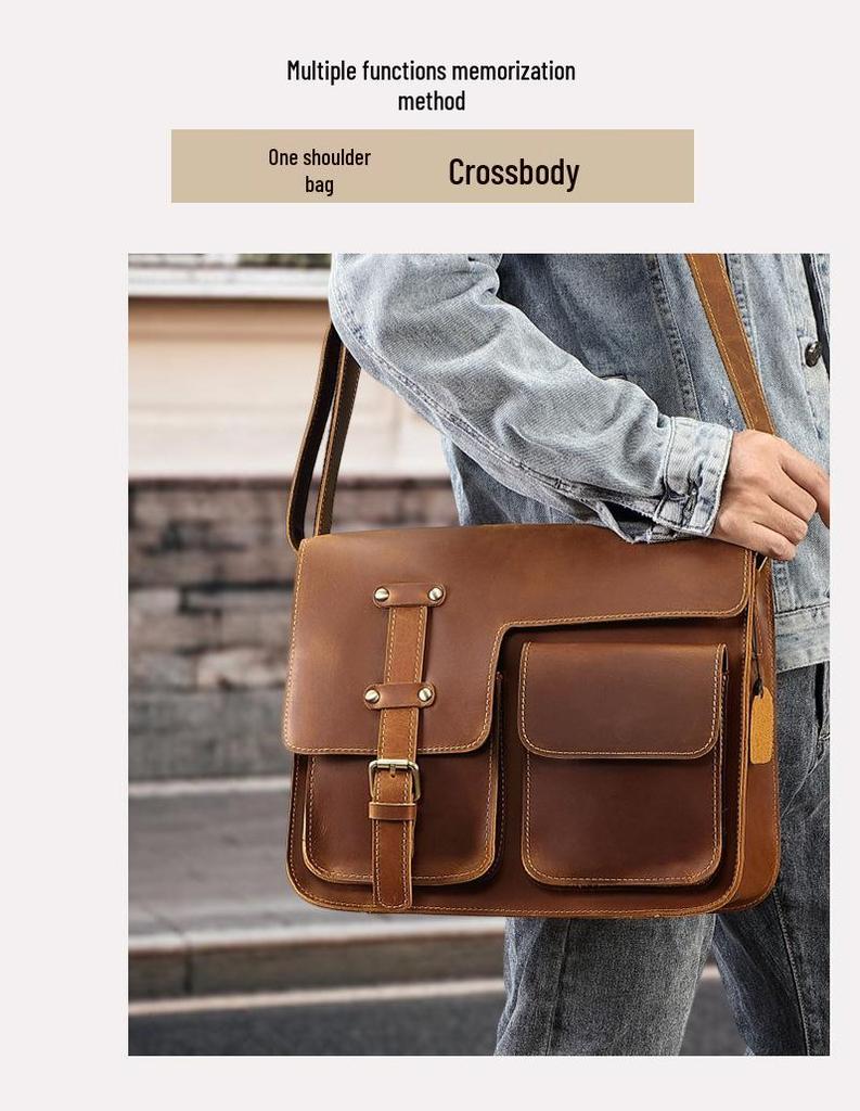 Men's Crazy Horse Leather Crossbody Bag - Genuine Leather Messenger & Multifunctional Computer Briefcase
