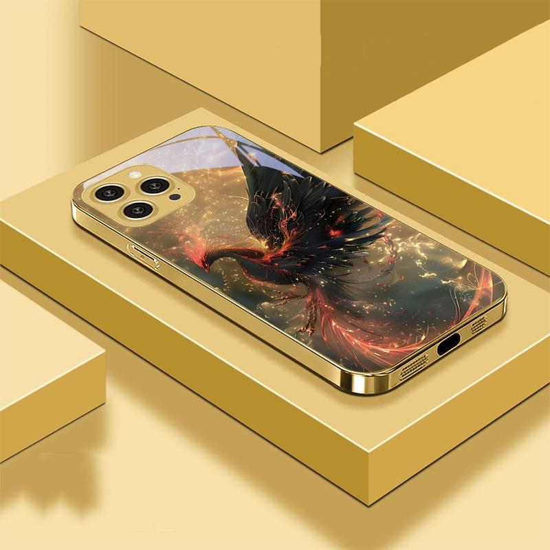 Золотой Феникс Раскрывающийся Для iPhone 16 Pro Max 15 P Ro 14 13 Plus 12 Mini 11Pro Max XS Max XR Золотой Чехол для Телефона из Закаленного Стекла