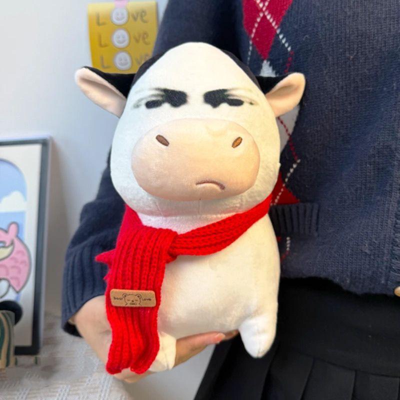 Amo Tlas Grassland Cow Plush Toy: Cute Abstract Expression Cow Doll & Scarf Set
