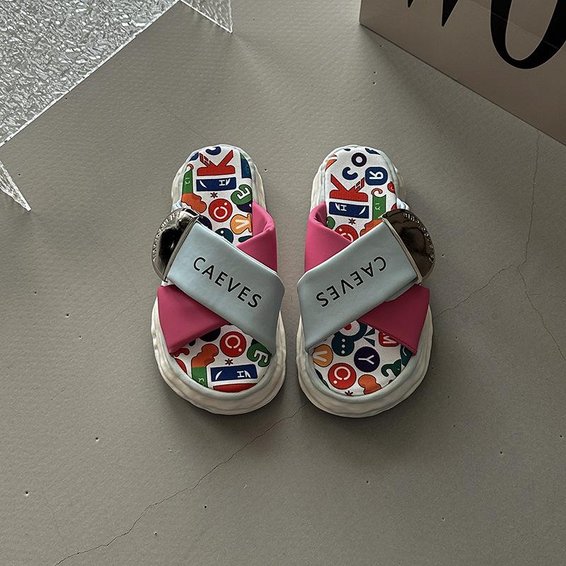 Cartoon Casual Thick Bottom Heightening Cool Slippers Women's Summer Fashion Versatile Cross with Graffiti Beach Flat Bottom Cool Slippers