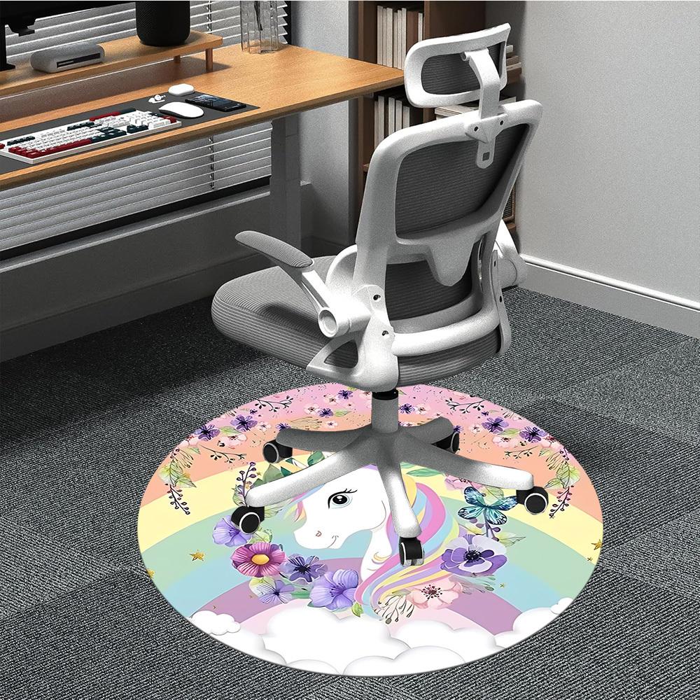 1pc Unicorn Rainbow Flowers Chair Carpet for Office, Round Polyester Mat, Indoor Decor for Office, Washable Non-slip Carpet yy251219078