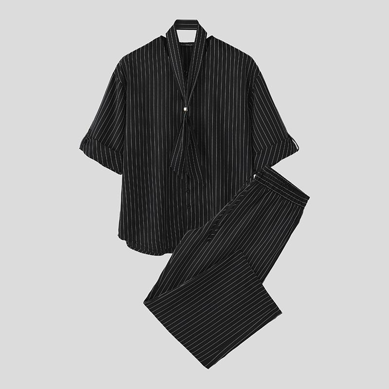INCERUN 2 ШТ. Мужская рубашка с завязками на шее, с короткими рукавами, длинные прямые брюки, полосатые комплекты
