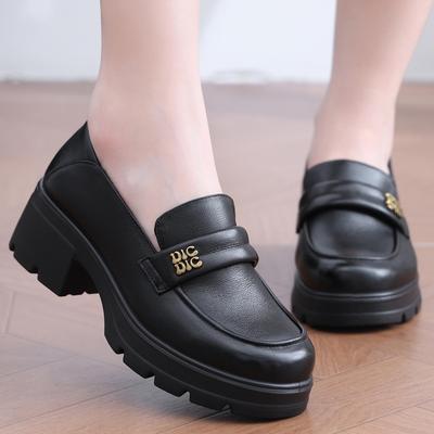 Осенние женские лоферы из натуральной кожи на массивном каблуке - С круглым носком, слипоны, в британском стиле 801333