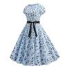 Women Dress Music Scale Print Round Neck Bow Belted Tight Waist A-line Big Hem Colorful Short Sleeves Back Zipper Closure Lady Midi Dress