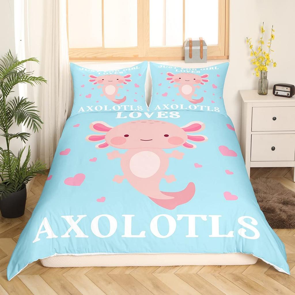 Мультяшный аксолотль Комплект пододеяльника King/Queen Size Детский Для девочек Мальчиков Милый Радужный Морская дикая природа Животное Рептилия Комплект постельного белья