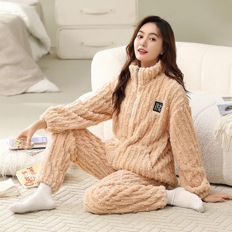 Winter Thick Flannel Pajamas for Women Woman Solid Soft Sleepwear Warm Velvet Cardigan Homewear Girl Nightwear