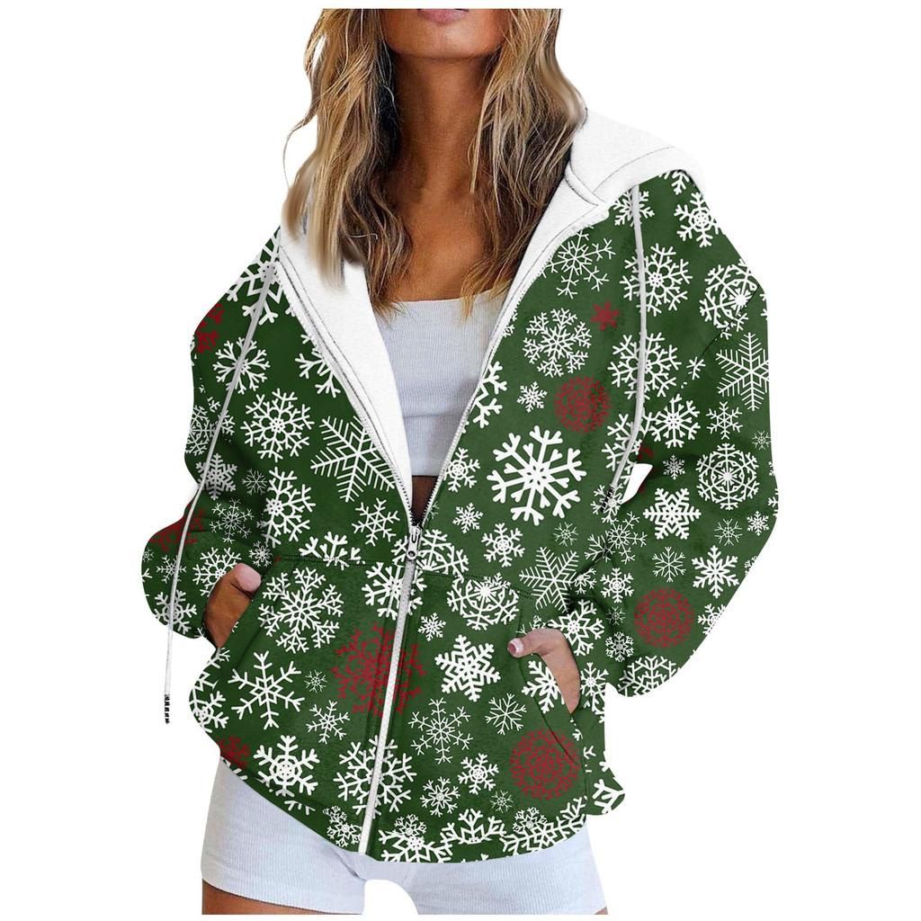 Женская модная повседневная толстовка с рождественским принтом и длинными рукавами, карманная куртка, пальто с капюшоном на молнии