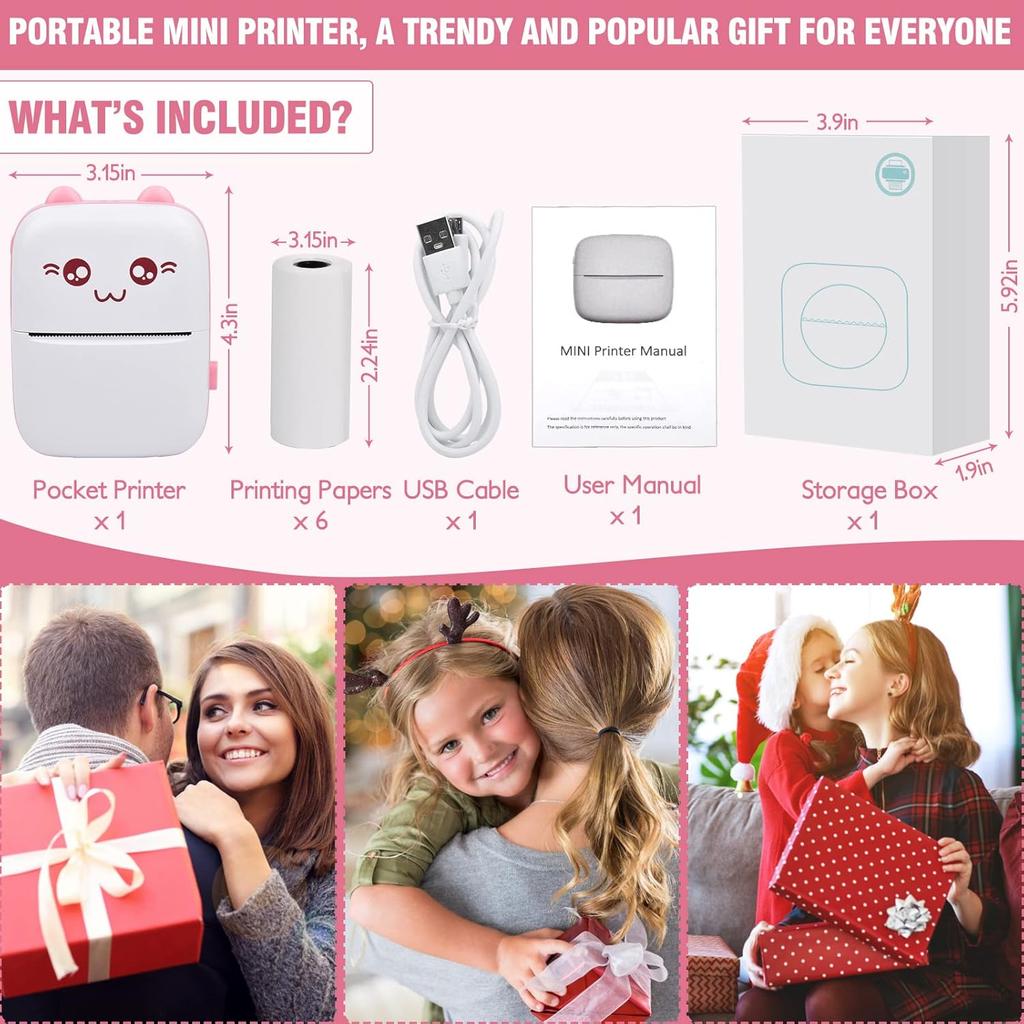 Eschen Pocket Mini Printer, Portable Printer with 6 Rolls Printing Paper for iOS Android Smartphone, Label Receipt Sticker Photo List Notes Inkless