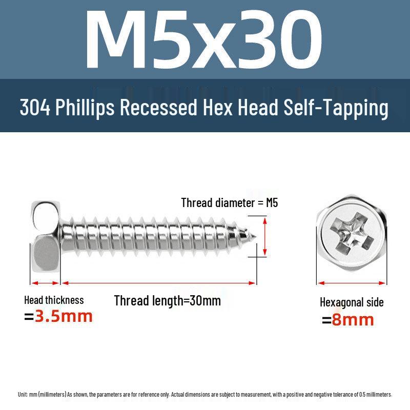 Yigu 304 Stainless Steel Phillips Recessed Hex and Slotted Self-Tapping Screws for Wood, M3-M8