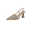 Fashion Hollow Cutout French Sexy Kitten Heel Breathable Sandals Metal Pointed Toe Shallow Mouth Woven One-Slip Strap High Heels