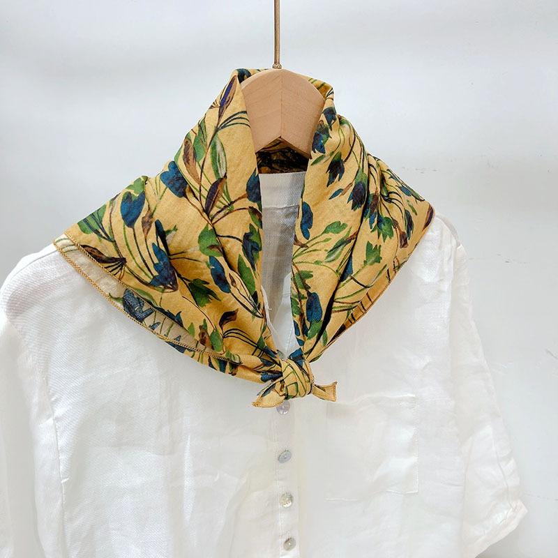 Spring Summer Soft Cotton Square Scarf Women's Printed Small Flower Scarf Accessories Neck Protection Small Scarf 55X55cm