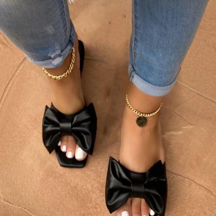 Модные женские тапочки Розовые кожаные плоские тапочки для женщин Летние сандалии с квадратным носком и бантом Женские шлепанцы Уличные нескользящие пляжные тапочки