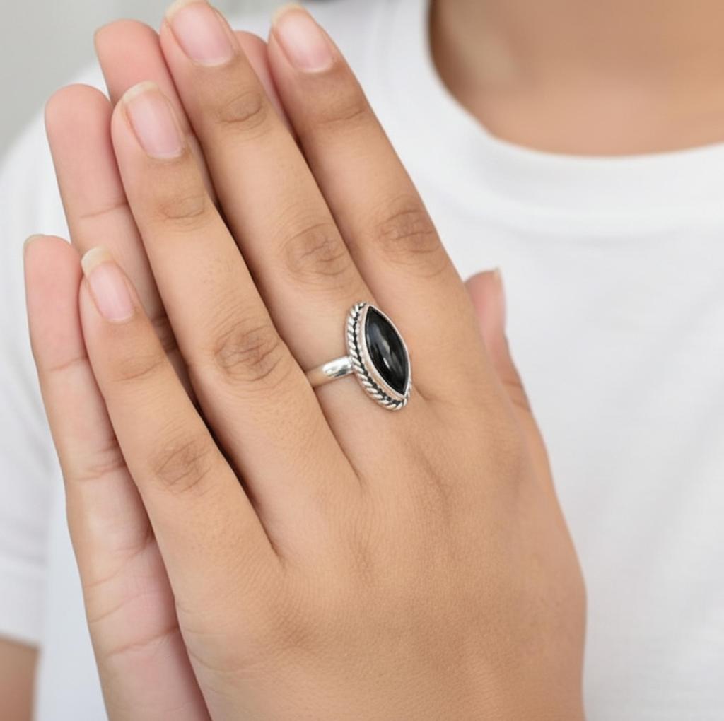 Handcrafted Marquise Cut Black Onyx Ring, 925 Sterling Silver, Minimalist Statement Ring for Women