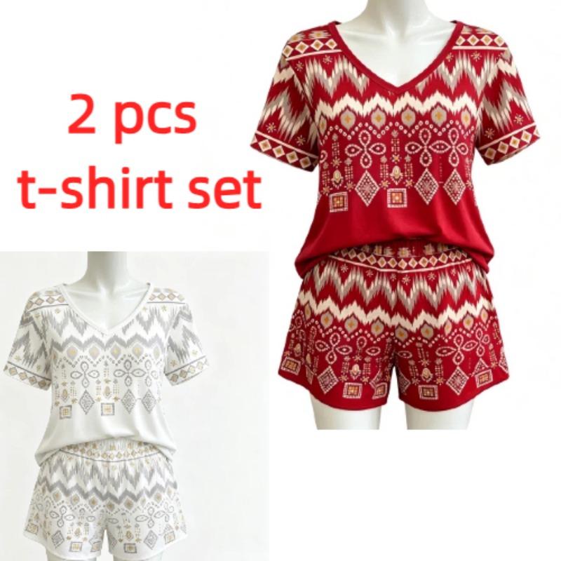 Summer Bohemian Elements Patterns Printed V Neck Short Sleeved T-Shirt And Shorts Set Women's and Men's T-shirt Shorts Set