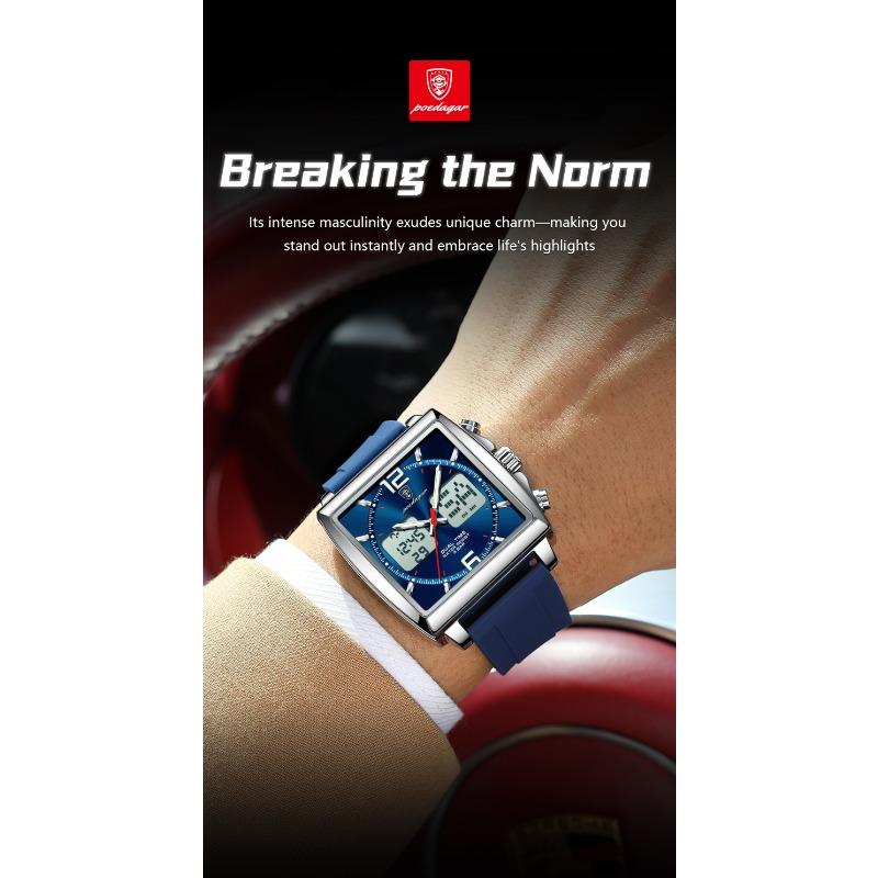 POEDAGAR Luxury Top Man Watch Electronic Square LED Alarm Chronograph Watches Week Date Dual Time Display Quartz Clock