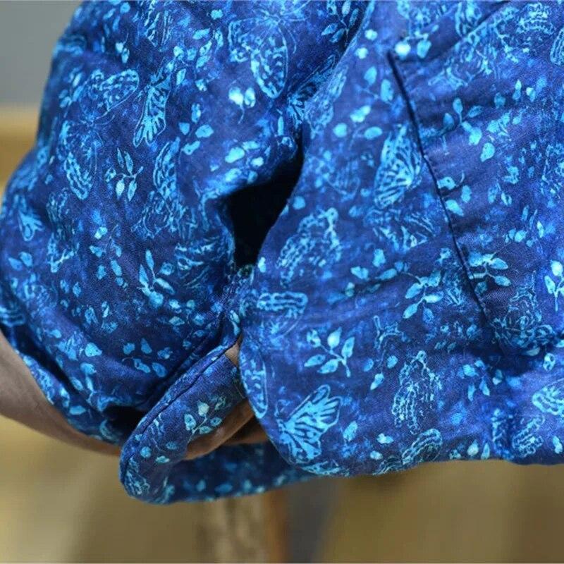 Johnature Women Chinese Style Linen Winter Parkas Print Floral O-Neck Long Sleeve Coats Vintage Warm Women Parkas